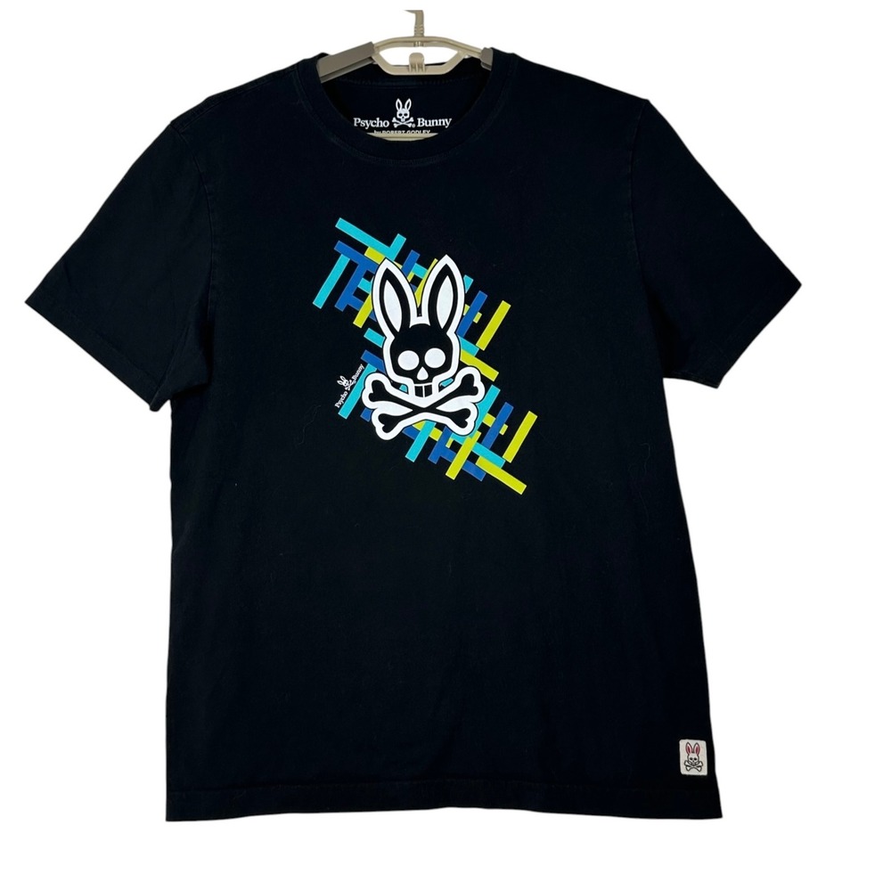 Psycho Bunny Mens Black Graphic Tee Shirt 5/Medium Pima Cotton Skull Crossbones
